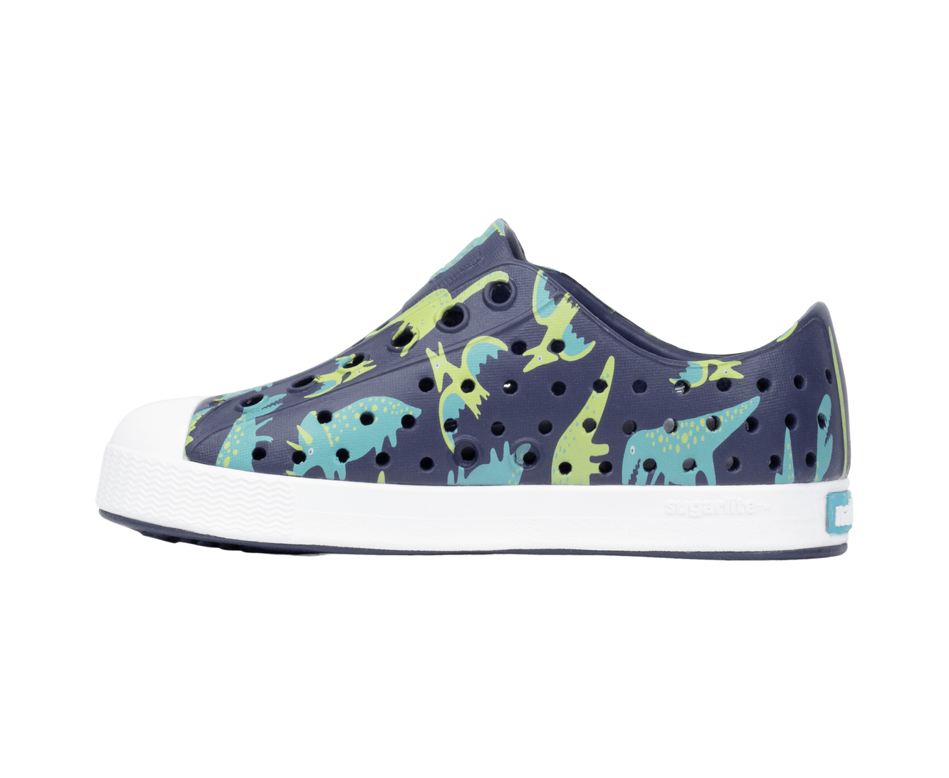 Angled view of a Native Shoes Kids Jefferson Print Kids | Rgtabl/Shlwht/Tnkdino Footwear in Rgtabl/Shlwht/Tnkdino