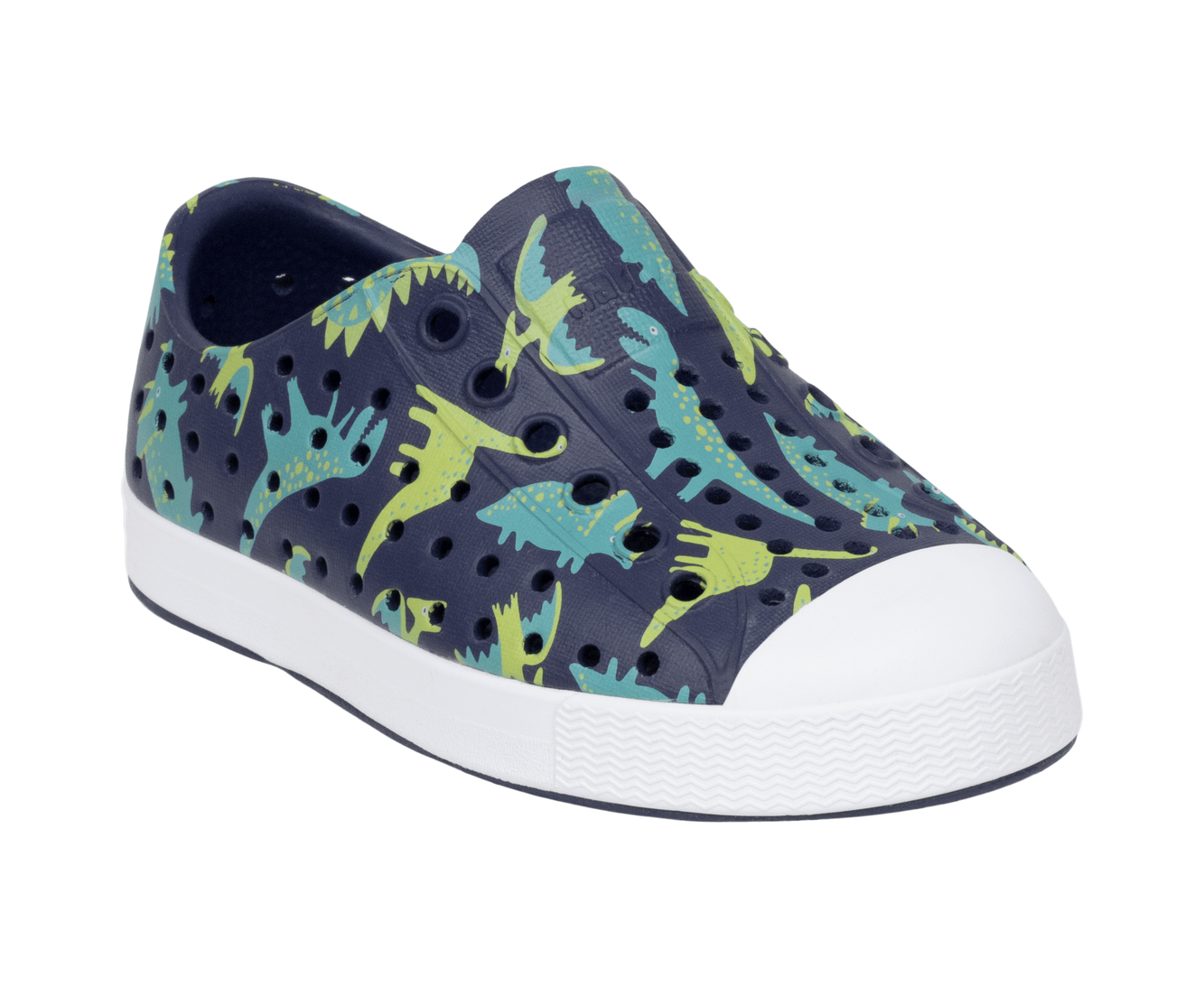 Bottom view of a Native Shoes Kids Jefferson Print Kids | Rgtabl/Shlwht/Tnkdino Footwear in Rgtabl/Shlwht/Tnkdino