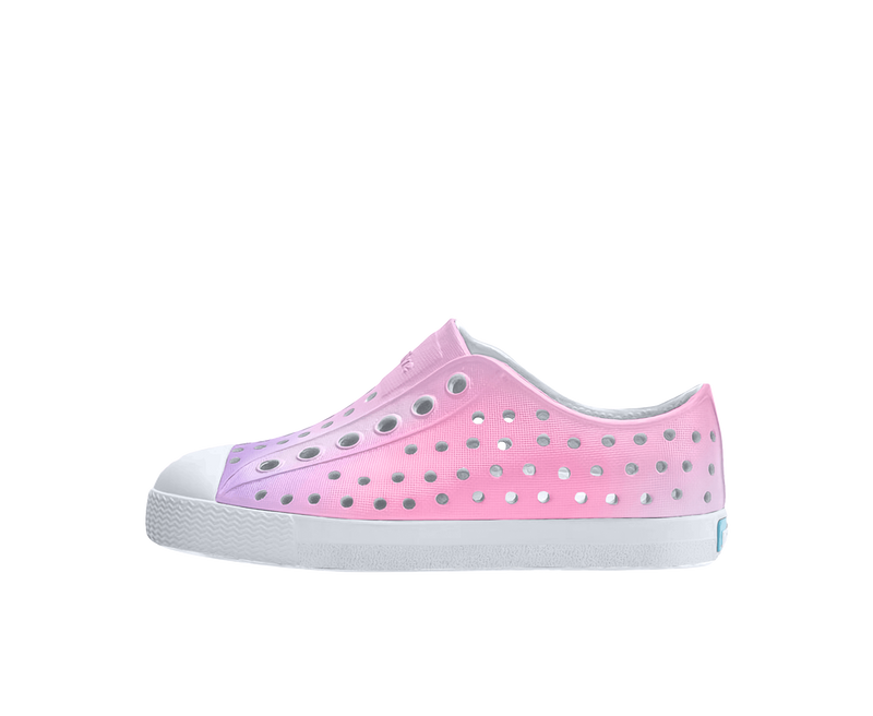 Side view of a Native Shoes Kids Jefferson Print Kids Footwear in Shell White / Shell White / Barely Taro Blur
