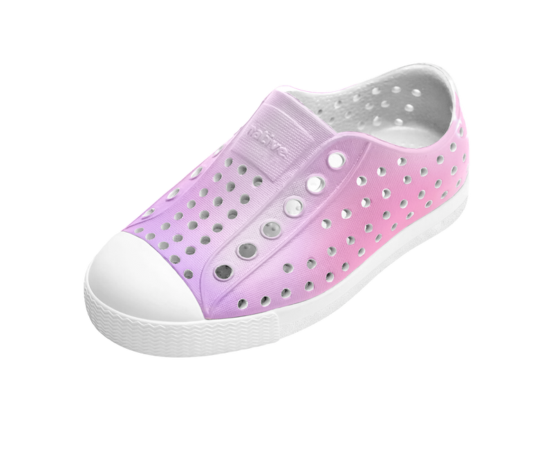 Angled view of a Native Shoes Kids Jefferson Print Kids | Shell White / Shell White / Barely Taro Blur Footwear in Shell White / Shell White / Barely Taro Blur