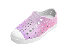 Angled view of a Native Shoes Kids Jefferson Print Kids | Shell White / Shell White / Barely Taro Blur Footwear in Shell White / Shell White / Barely Taro Blur