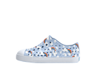 Side view of a Native Shoes Kids Jefferson Print Kids Footwear in Skyway Blue / Shell White / Cloud Rainbow