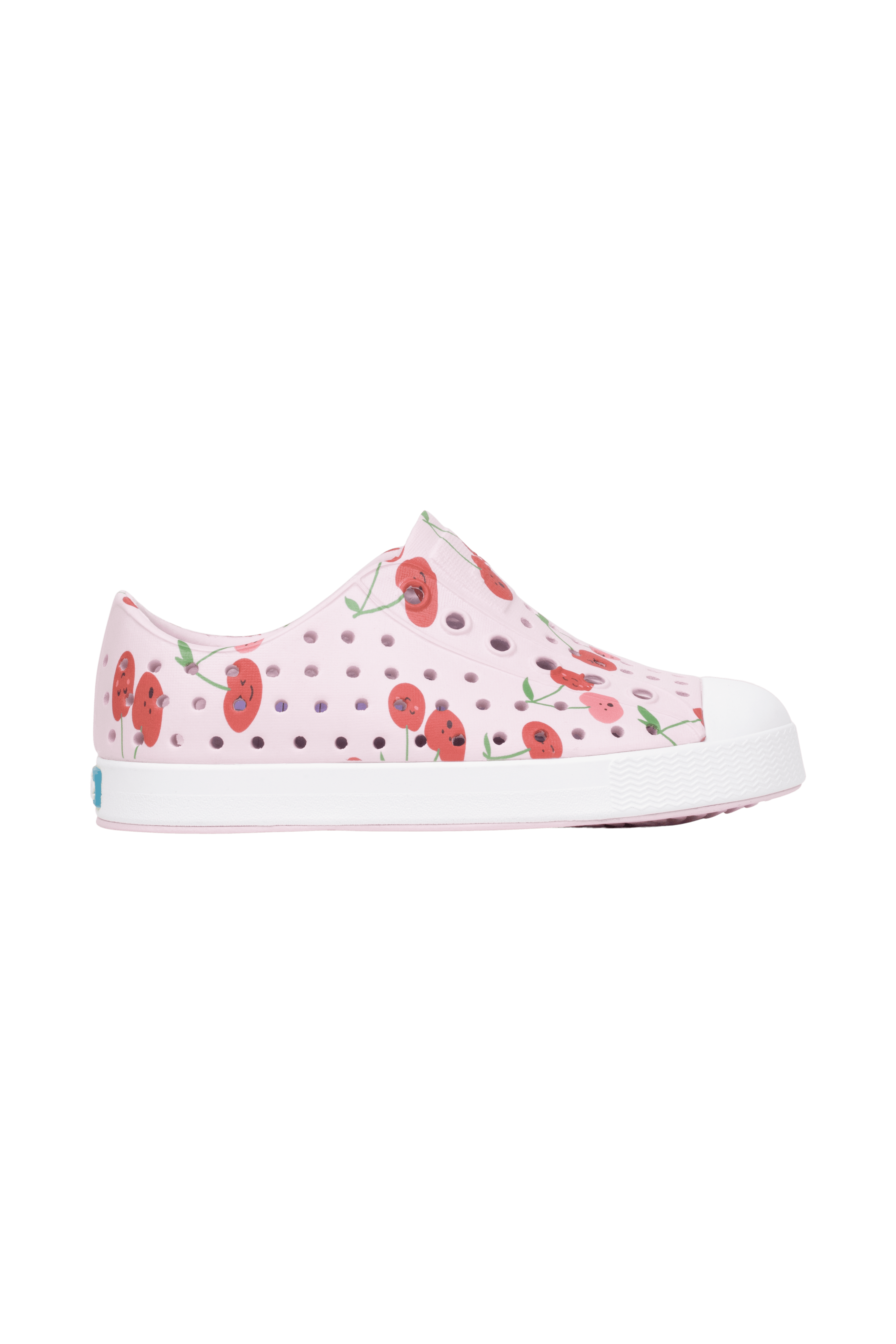 Side view of a Native Shoes Kids Jefferson Print Kids Footwear in Brlypnk/Shlwht/Cherries