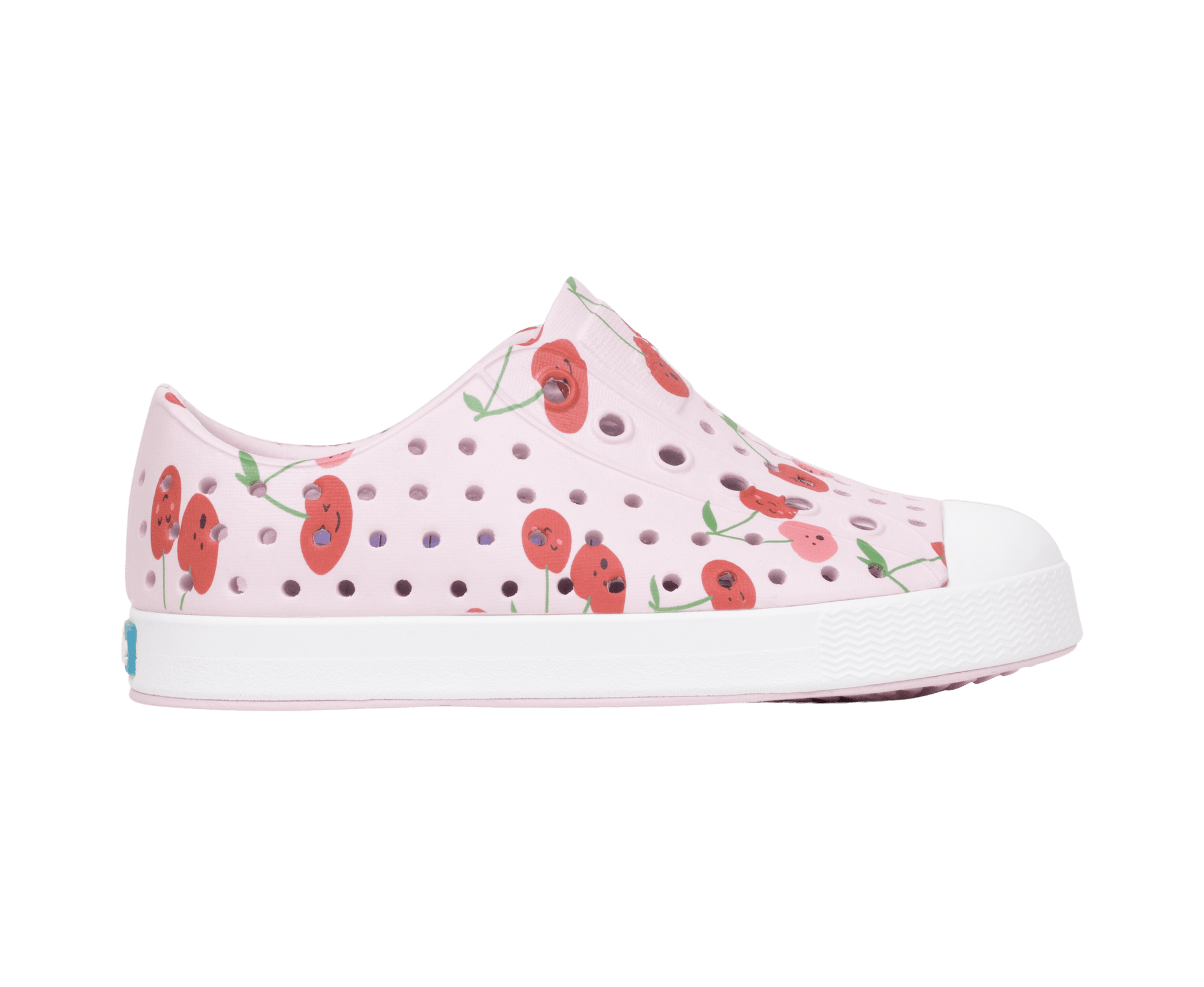 Side view of a Native Shoes Kids Jefferson Print Kids Footwear in Brlypnk/Shlwht/Cherries