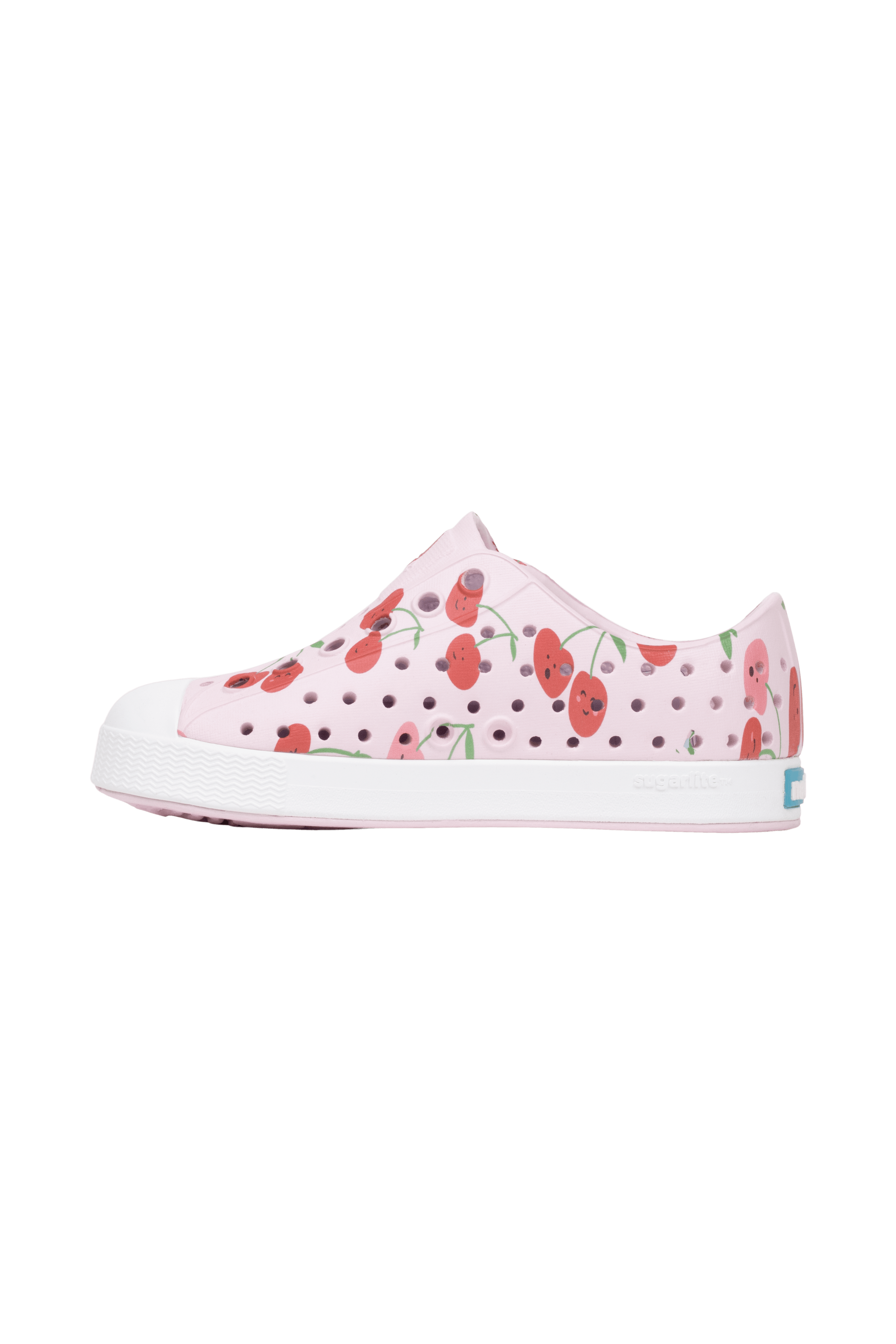 Angled view of a Native Shoes Kids Jefferson Print Kids | Brlypnk/Shlwht/Cherries Footwear in Brlypnk/Shlwht/Cherries