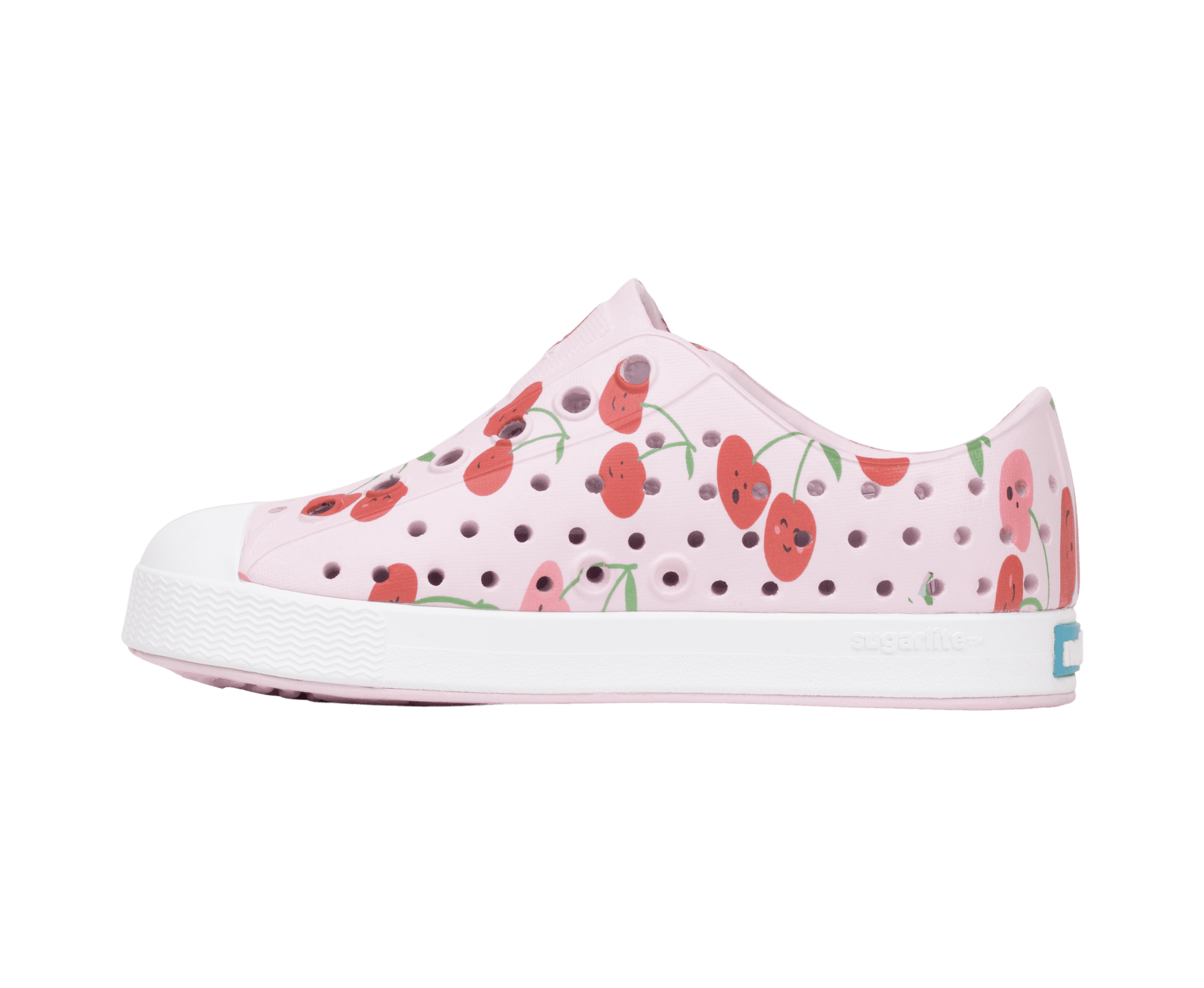 Angled view of a Native Shoes Kids Jefferson Print Kids | Brlypnk/Shlwht/Cherries Footwear in Brlypnk/Shlwht/Cherries