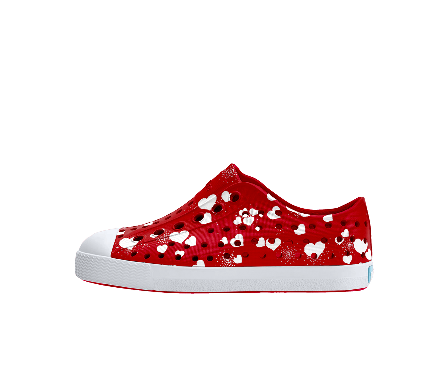 Side view of a Native Shoes Kids Jefferson Print Kids Footwear in Ruby Red / Shell White / Heart Fireworks
