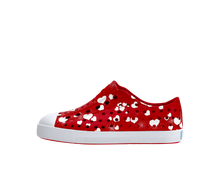 Side view of a Native Shoes Kids Jefferson Print Kids Footwear in Ruby Red / Shell White / Heart Fireworks