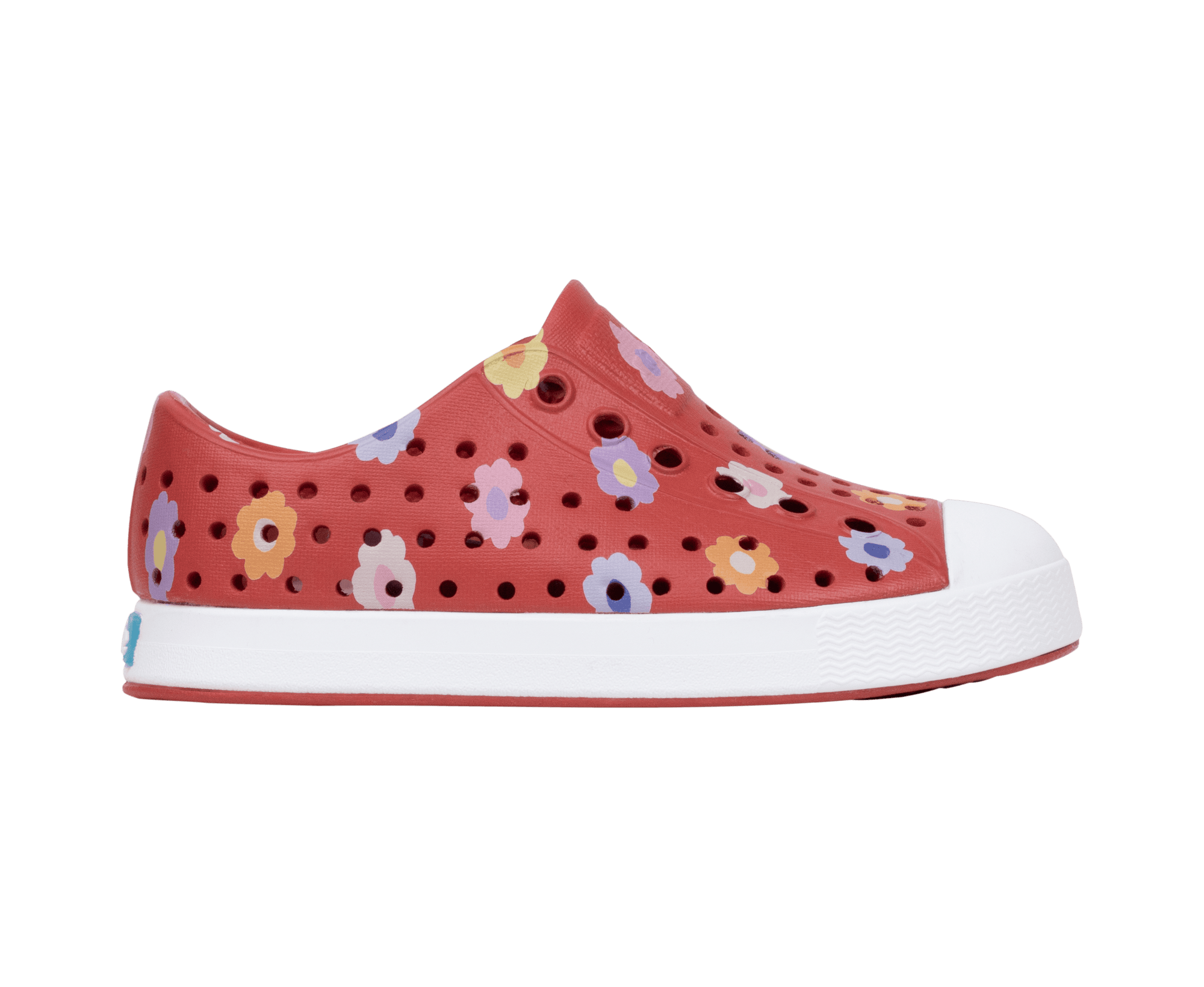 Side view of a Native Shoes Kids Jefferson Print Kids Footwear in Rubyrd/Shlwht/Paradaisy