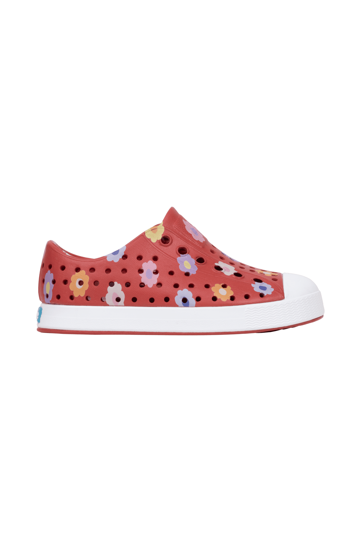 Side view of a Native Shoes Kids Jefferson Print Kids Footwear in Rubyrd/Shlwht/Paradaisy