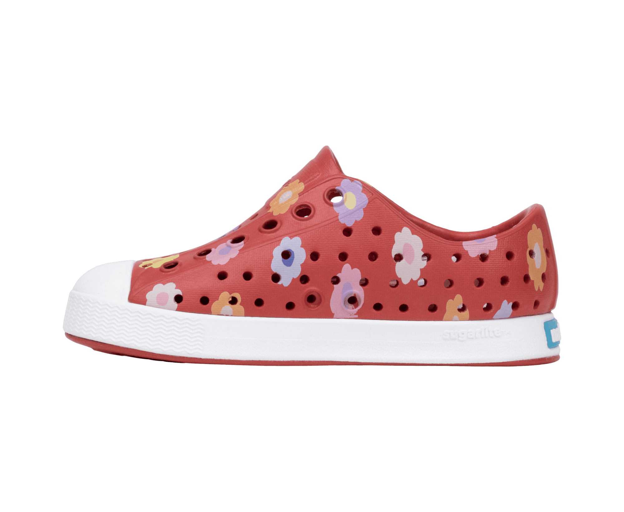 Angled view of a Native Shoes Kids Jefferson Print Kids | Rubyrd/Shlwht/Paradaisy Footwear in Rubyrd/Shlwht/Paradaisy