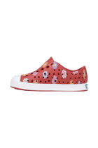 Angled view of a Native Shoes Kids Jefferson Print Kids | Rubyrd/Shlwht/Paradaisy Footwear in Rubyrd/Shlwht/Paradaisy