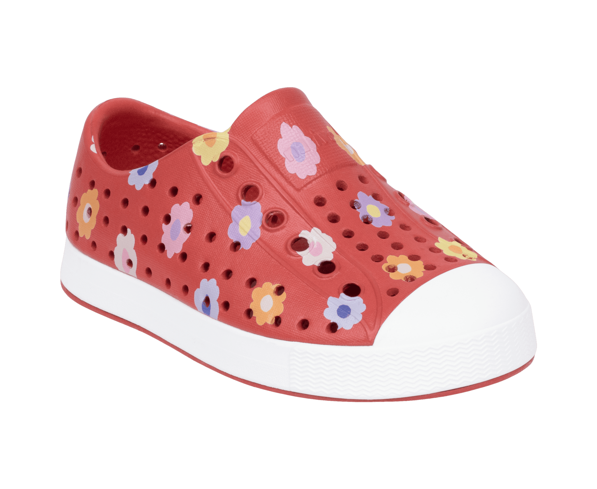 Bottom view of a Native Shoes Kids Jefferson Print Kids | Rubyrd/Shlwht/Paradaisy Footwear in Rubyrd/Shlwht/Paradaisy
