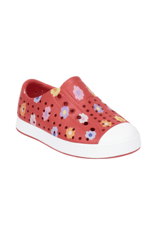 Bottom view of a Native Shoes Kids Jefferson Print Kids | Rubyrd/Shlwht/Paradaisy Footwear in Rubyrd/Shlwht/Paradaisy