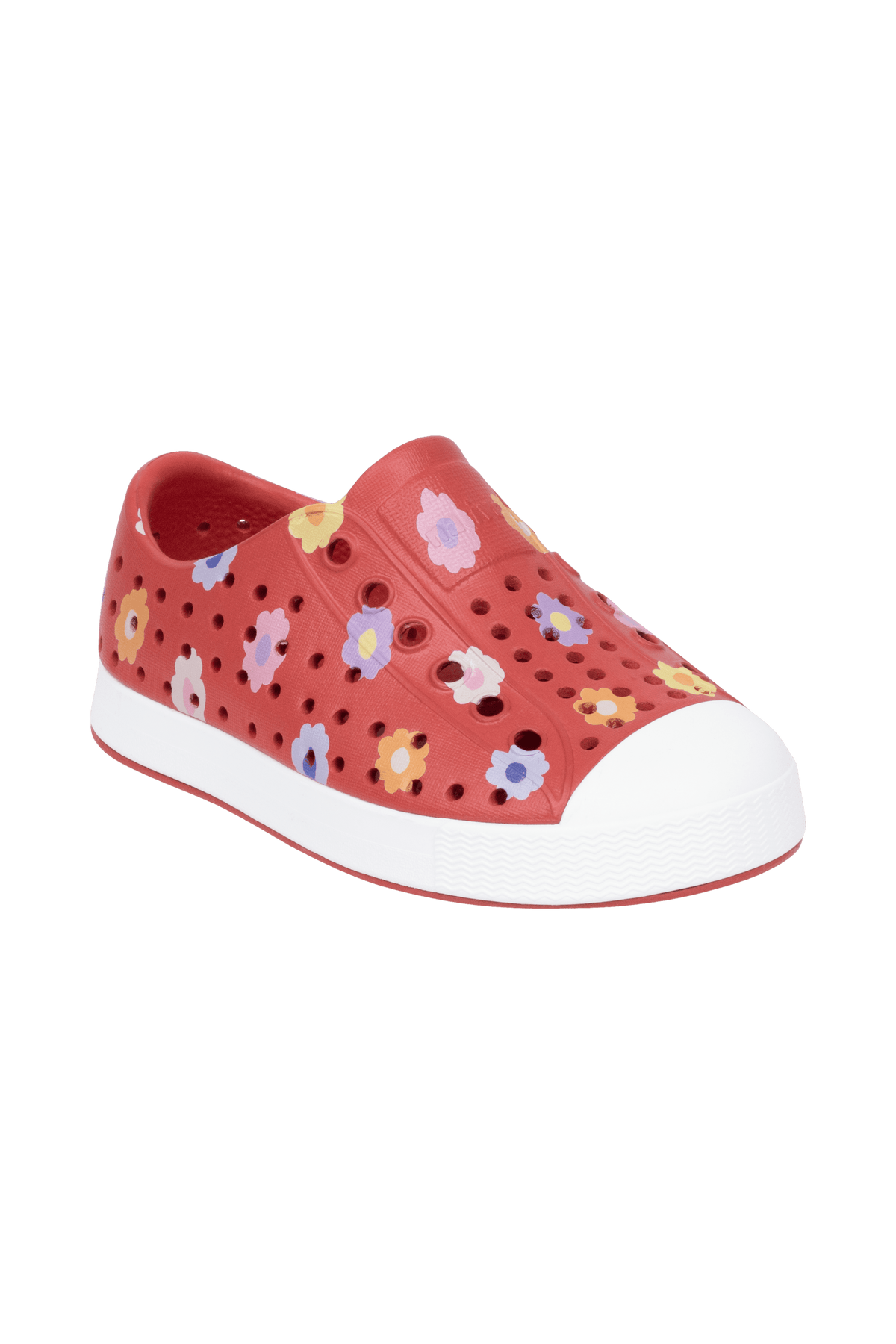 Bottom view of a Native Shoes Kids Jefferson Print Kids | Rubyrd/Shlwht/Paradaisy Footwear in Rubyrd/Shlwht/Paradaisy