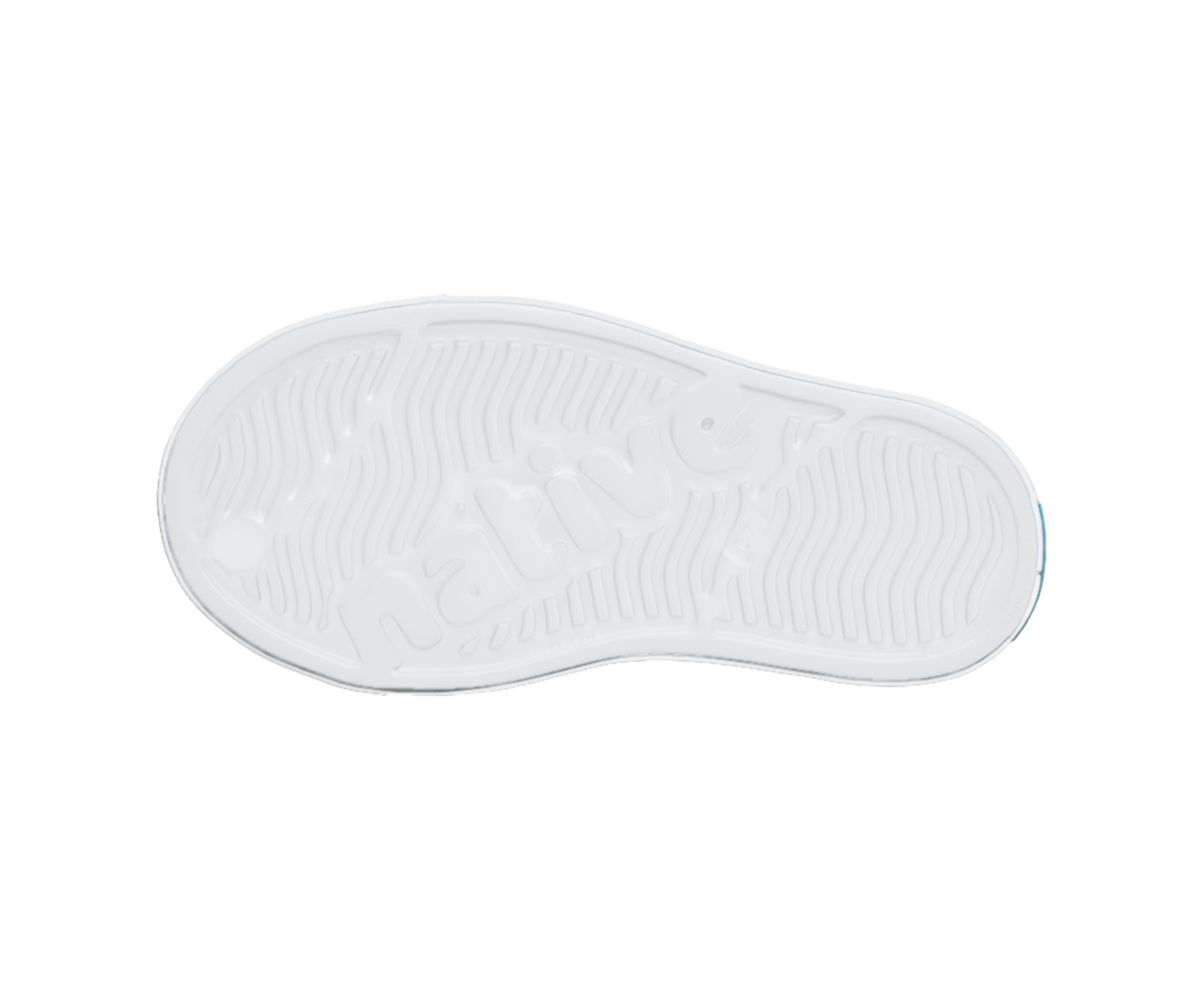 Bottom view of a Native Shoes Kids Jefferson Print Kids | Shell White / Shell White / Heart Graffiti Footwear in Shell White / Shell White / Heart Graffiti