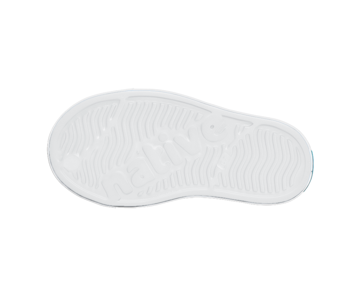 Bottom view of a Native Shoes Kids Jefferson Print Kids | Shell White / Shell White / Heart Graffiti Footwear in Shell White / Shell White / Heart Graffiti