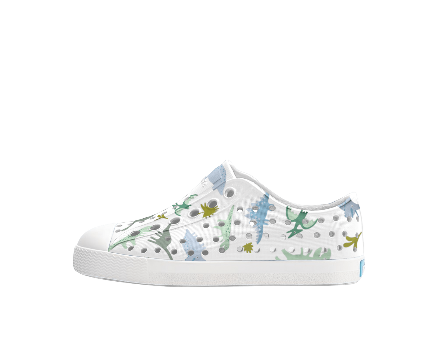 Side view of a Native Shoes Kids Jefferson Print Kids Footwear in Shell White / Shell White / Flux Alpine Dino