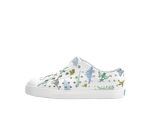 Side view of a Native Shoes Kids Jefferson Print Kids Footwear in Shell White / Shell White / Flux Alpine Dino