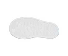 Bottom view of a Native Shoes Kids Jefferson Print Kids | Shell White / Shell White / Flux Alpine Dino Footwear in Shell White / Shell White / Flux Alpine Dino