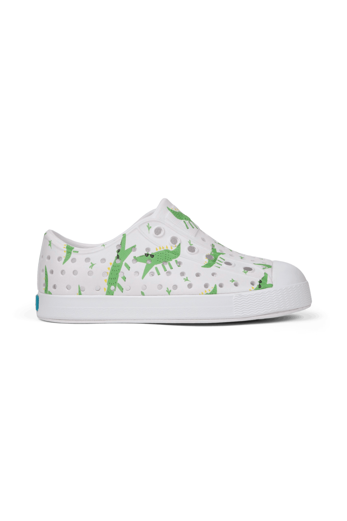 Side view of a Native Shoes Kids Jefferson Print Kids Footwear in Shell White / Shell White / Alligators