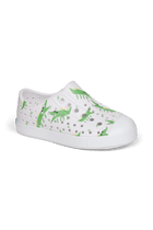 Angled view of a Native Shoes Kids Jefferson Print Kids | Shell White / Shell White / Alligators Footwear in Shell White / Shell White / Alligators