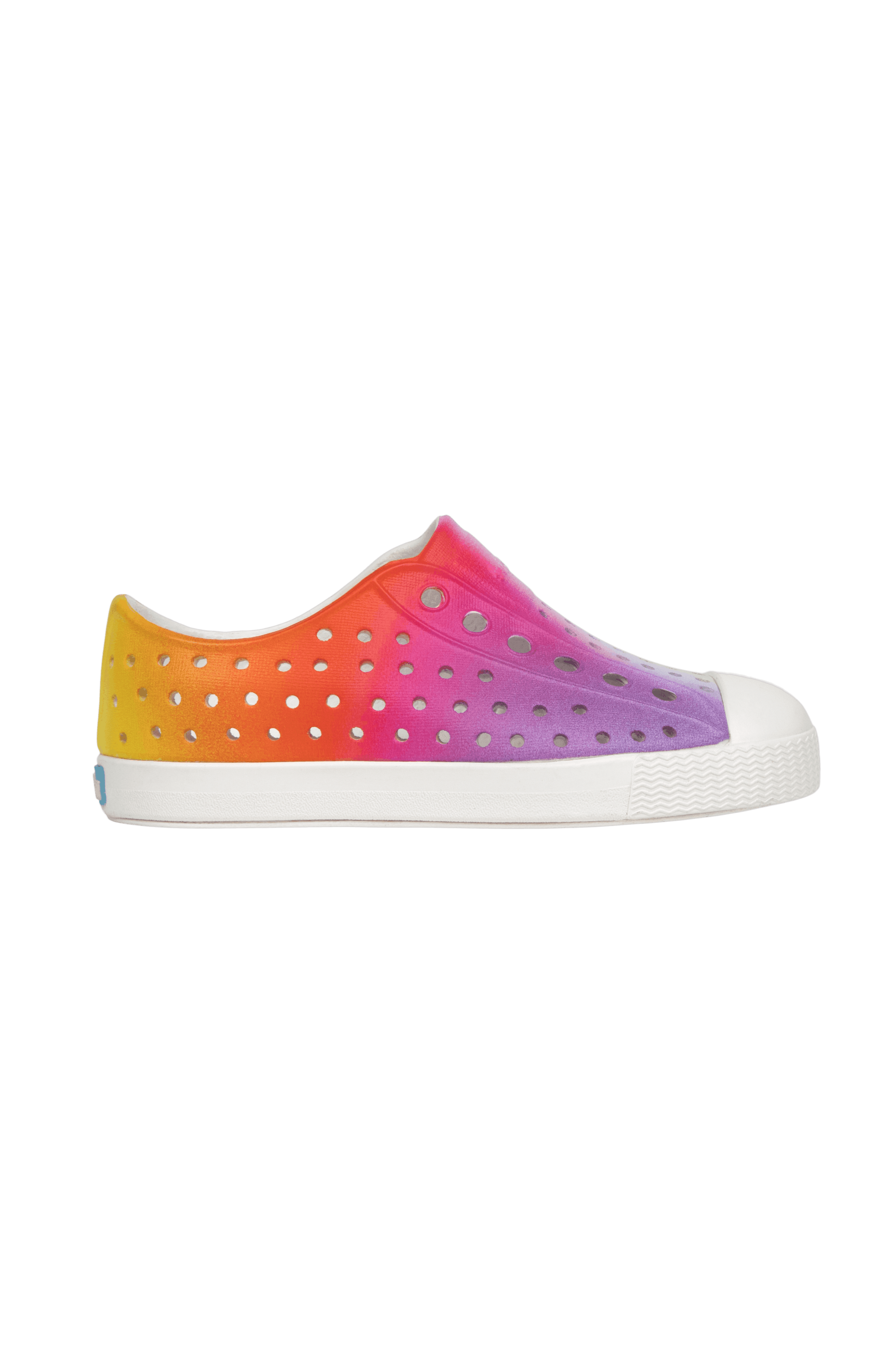 Side view of a Native Shoes Kids Jefferson Print Kids Footwear in Shell White / Transparent / Rainbow Spray