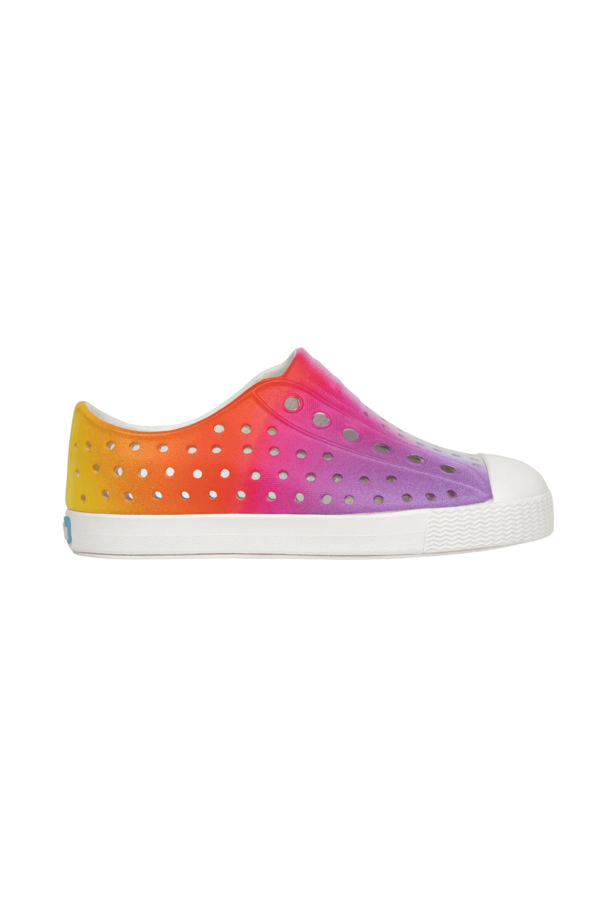 Side view of a Native Shoes Kids Jefferson Print Kids Footwear in Shell White / Transparent / Rainbow Spray