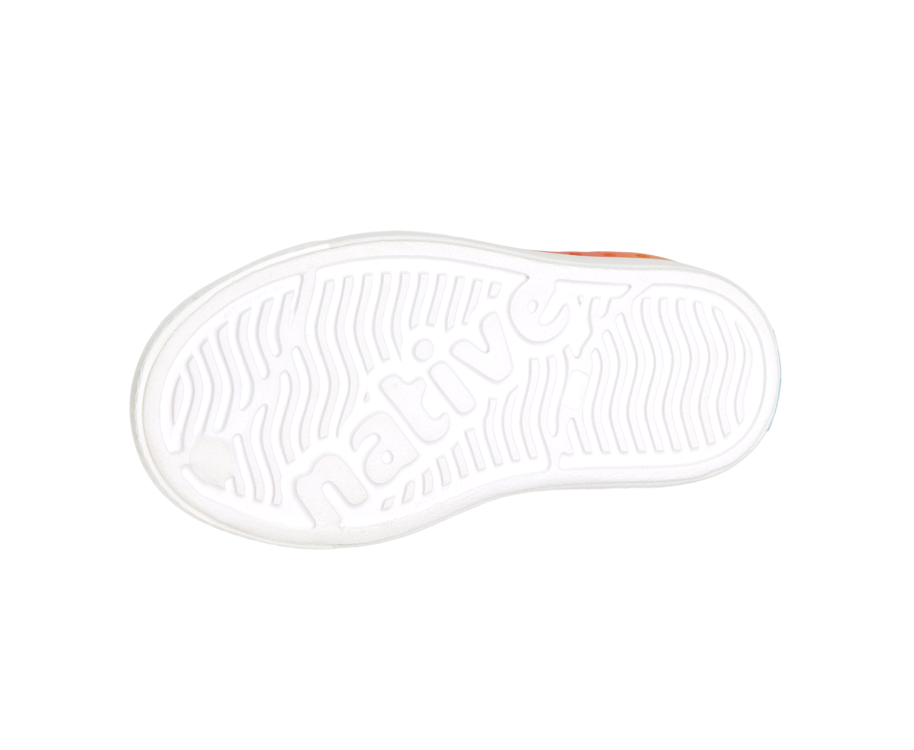 Bottom view of a Native Shoes Kids Jefferson Print Kids | Shell White / Transparent / Rainbow Spray Footwear in Shell White / Transparent / Rainbow Spray