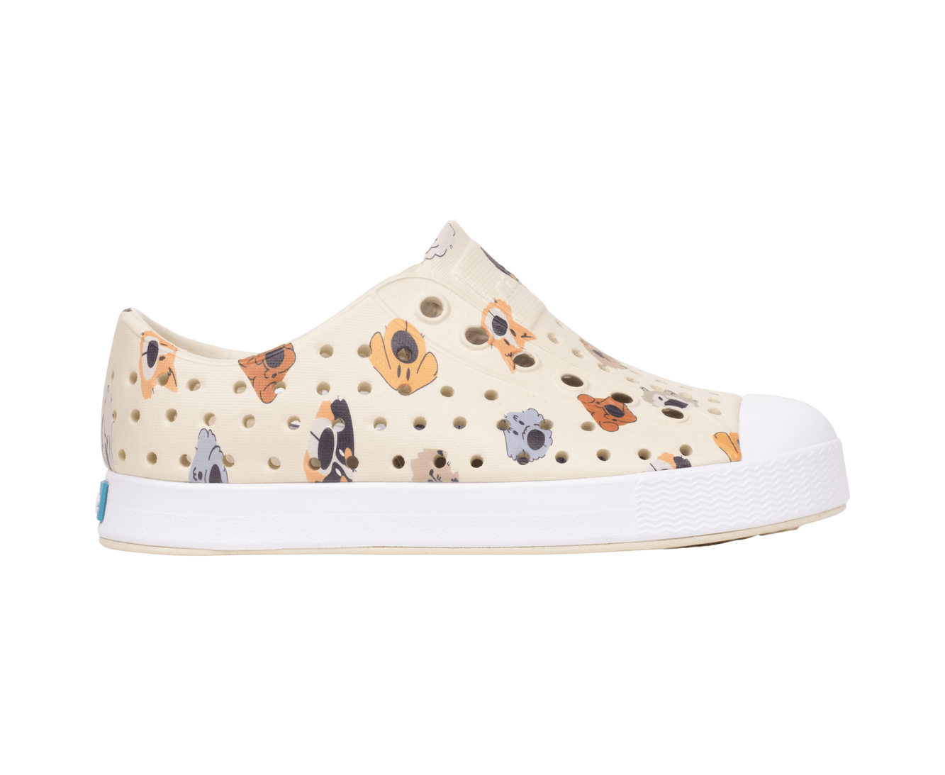 Side view of a Native Shoes Kids Jefferson Print Kids Footwear in Bnwht/Shlwht/Polkadogs