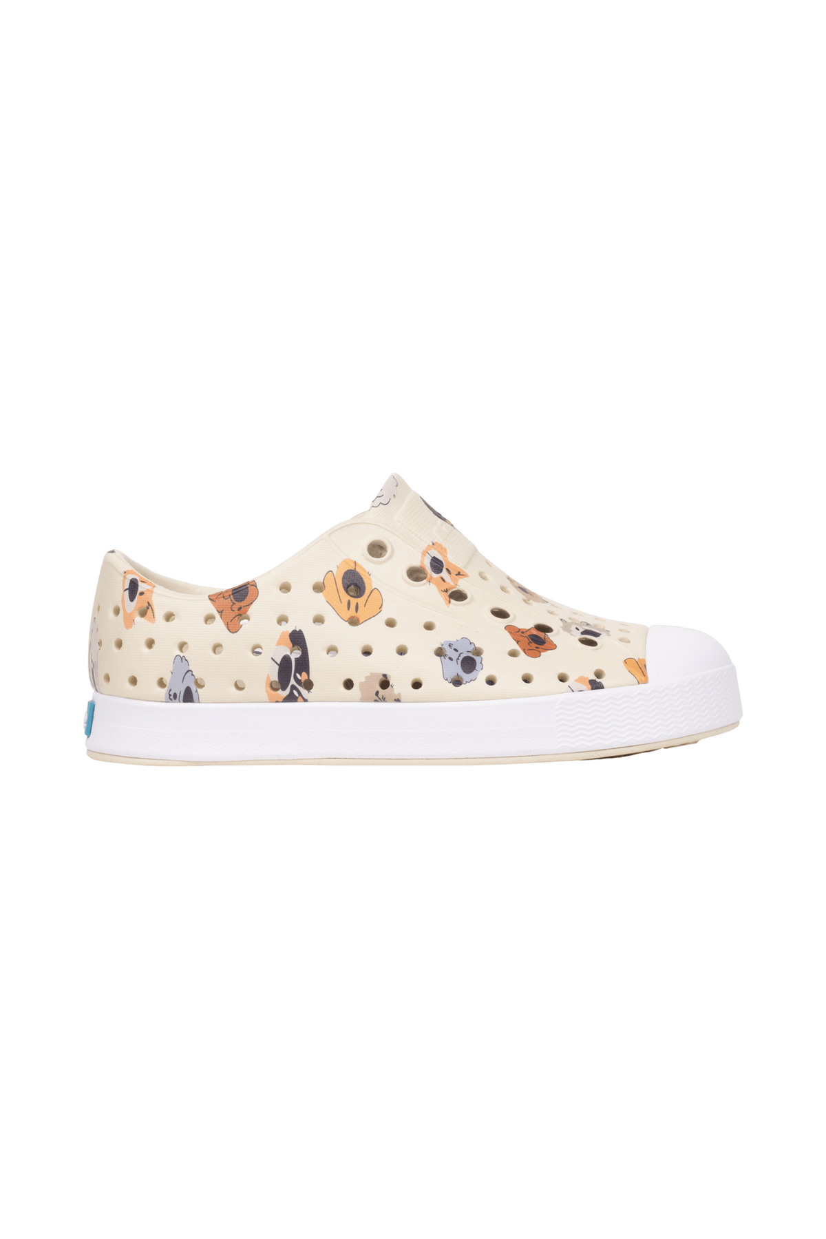Side view of a Native Shoes Kids Jefferson Print Kids Footwear in Bnwht/Shlwht/Polkadogs