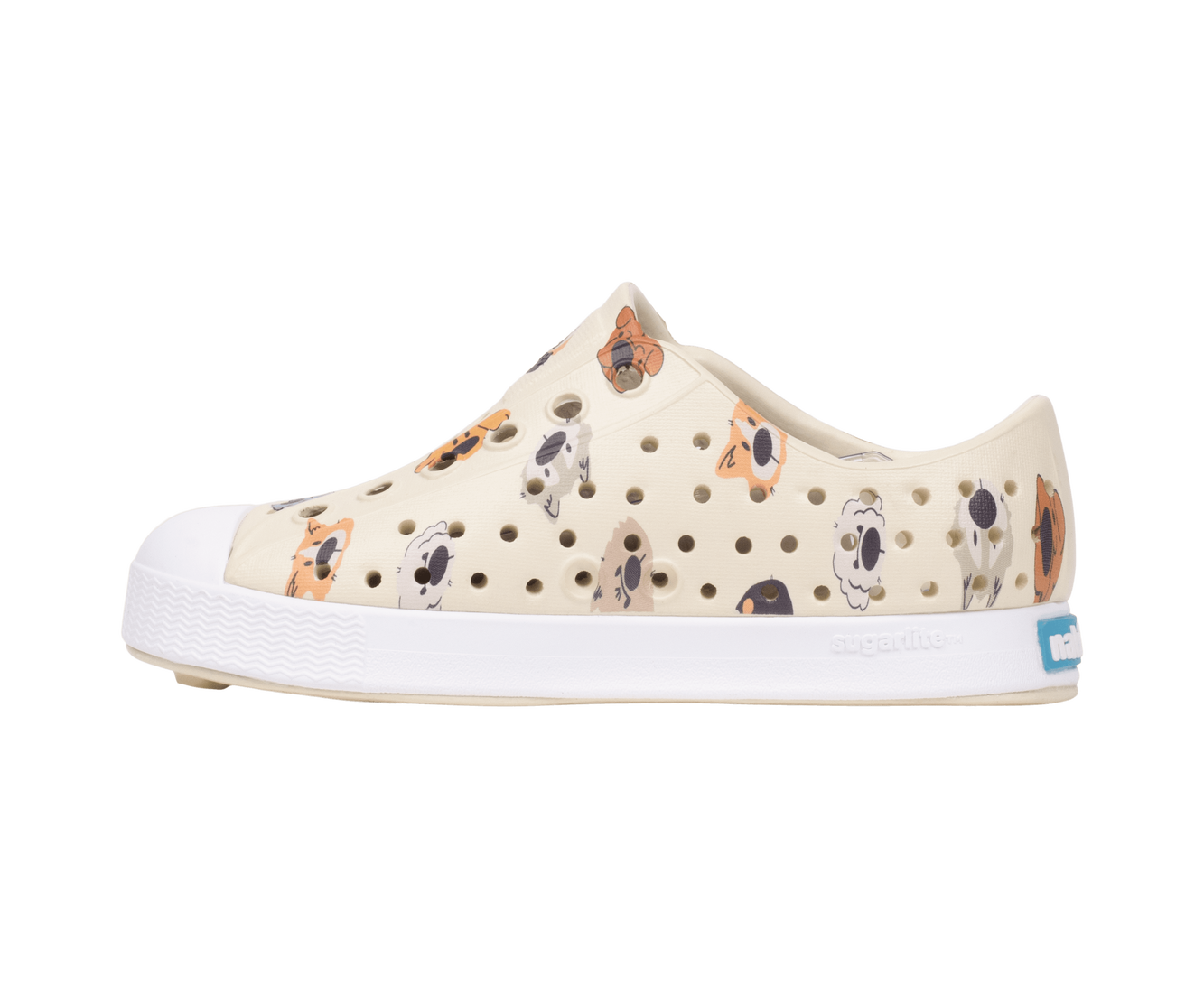 Angled view of a Native Shoes Kids Jefferson Print Kids | Bnwht/Shlwht/Polkadogs Footwear in Bnwht/Shlwht/Polkadogs