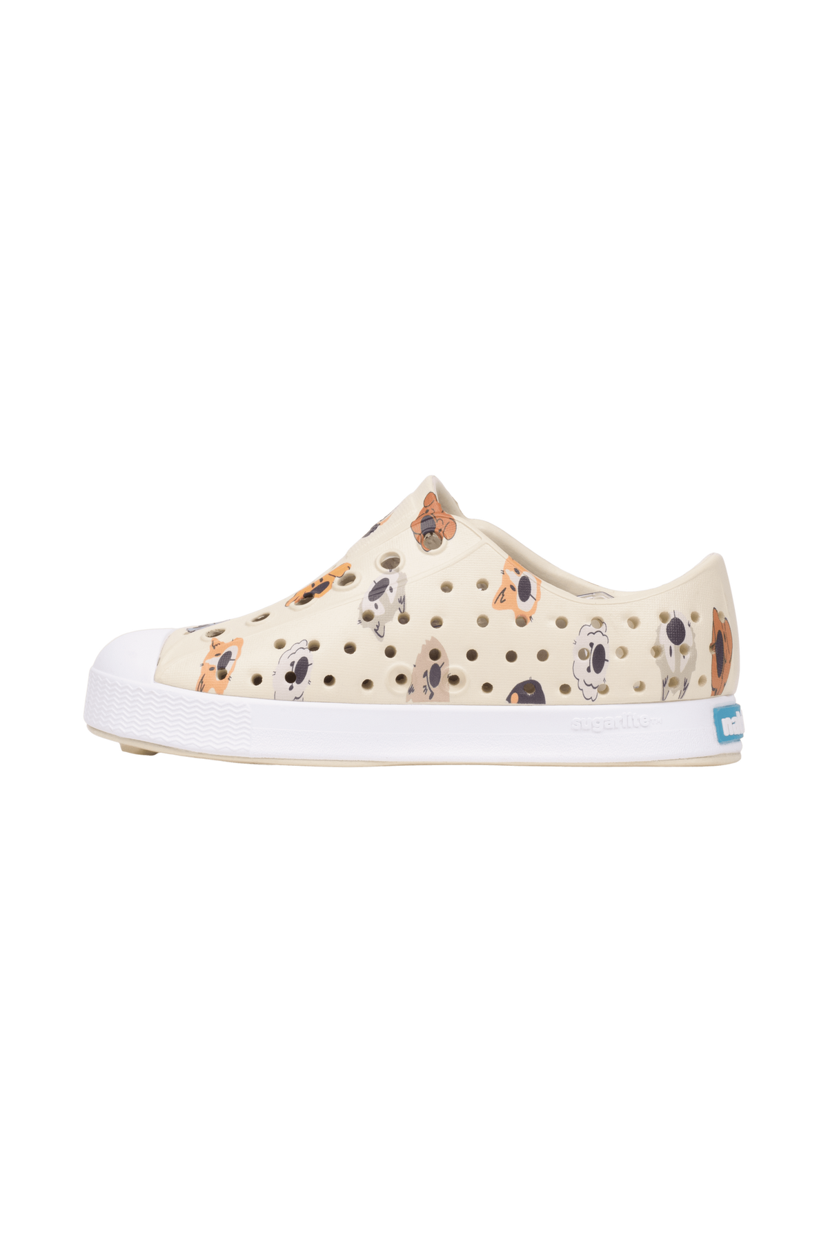 Angled view of a Native Shoes Kids Jefferson Print Kids | Bnwht/Shlwht/Polkadogs Footwear in Bnwht/Shlwht/Polkadogs