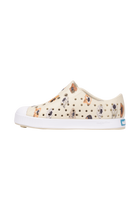 Angled view of a Native Shoes Kids Jefferson Print Kids | Bnwht/Shlwht/Polkadogs Footwear in Bnwht/Shlwht/Polkadogs