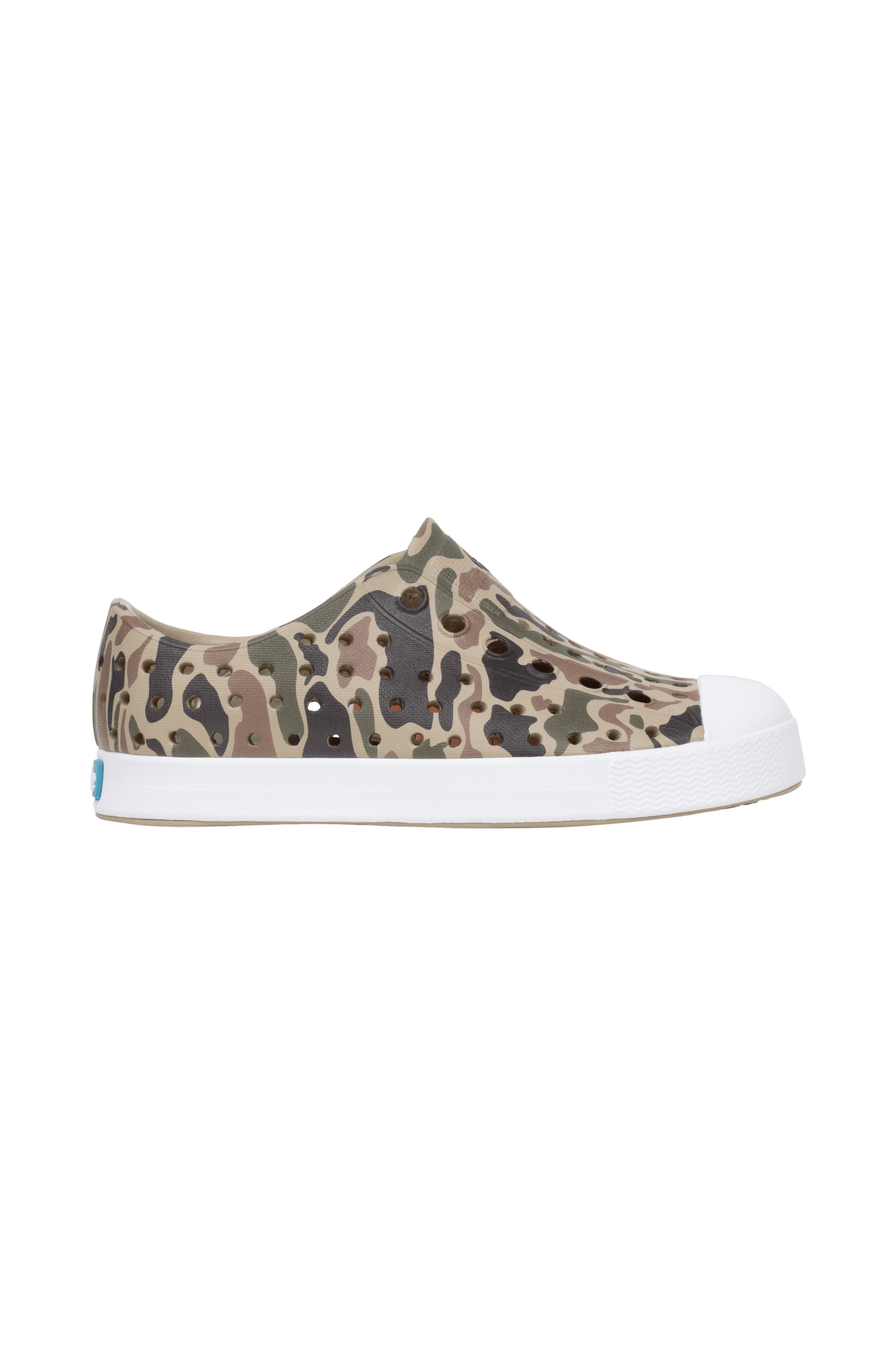 Side view of a Native Shoes Kids Jefferson Print Kids Footwear in Flxtn/Shlwht/Tuffcamo
