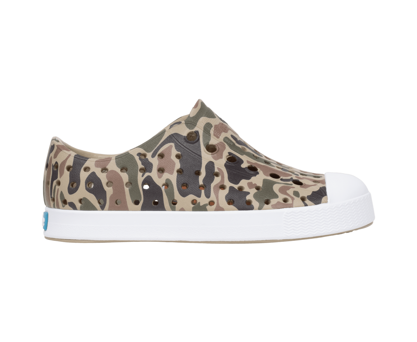 Side view of a Native Shoes Kids Jefferson Print Kids Footwear in Flxtn/Shlwht/Tuffcamo