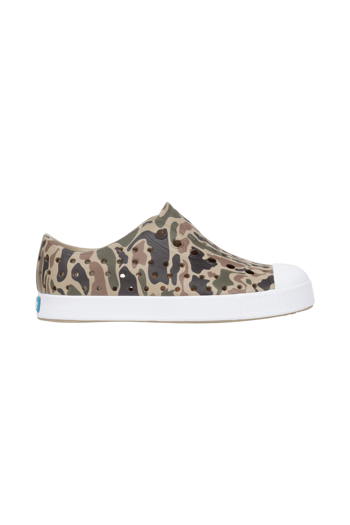 Side view of a Native Shoes Kids Jefferson Print Kids Footwear in Flxtn/Shlwht/Tuffcamo