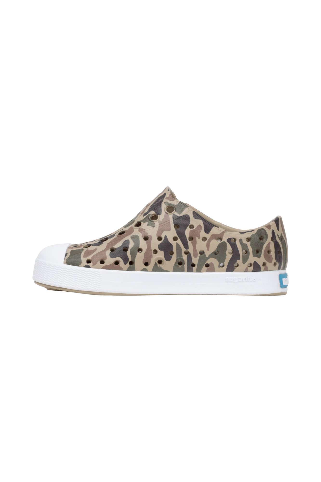 Angled view of a Native Shoes Kids Jefferson Print Kids | Flxtn/Shlwht/Tuffcamo Footwear in Flxtn/Shlwht/Tuffcamo
