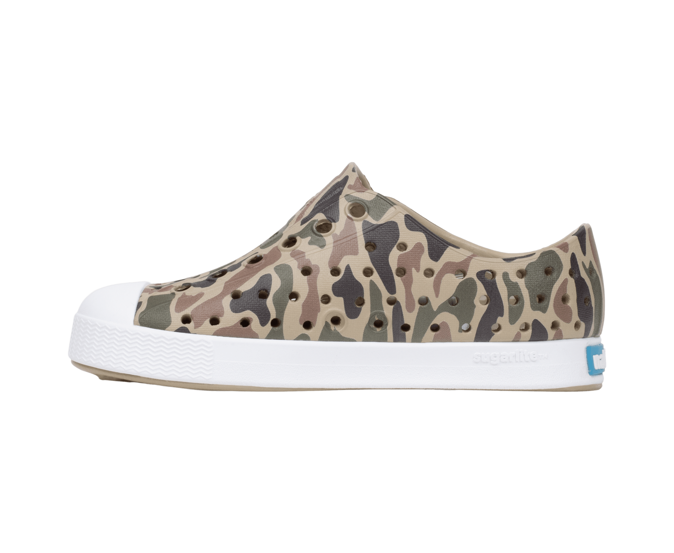 Angled view of a Native Shoes Kids Jefferson Print Kids | Flxtn/Shlwht/Tuffcamo Footwear in Flxtn/Shlwht/Tuffcamo