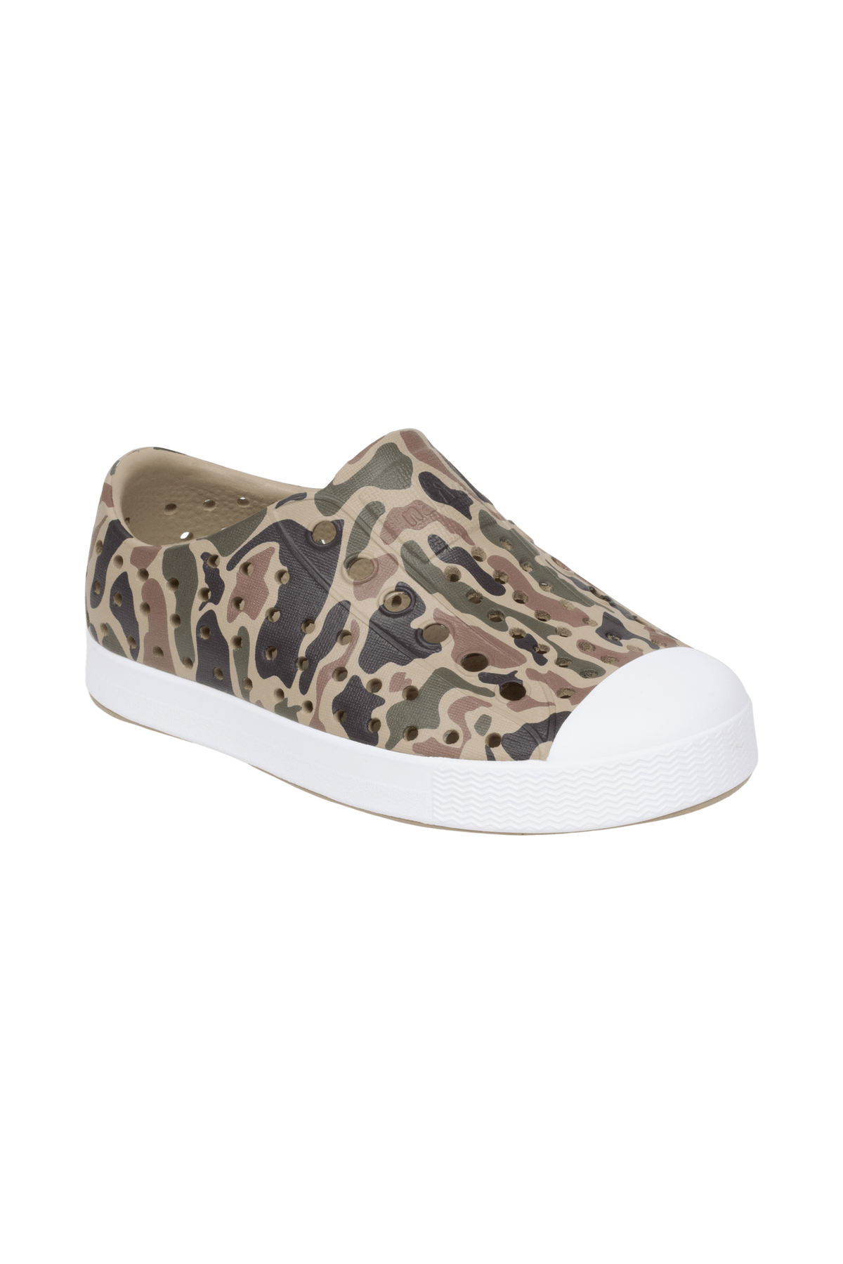 Bottom view of a Native Shoes Kids Jefferson Print Kids | Flxtn/Shlwht/Tuffcamo Footwear in Flxtn/Shlwht/Tuffcamo