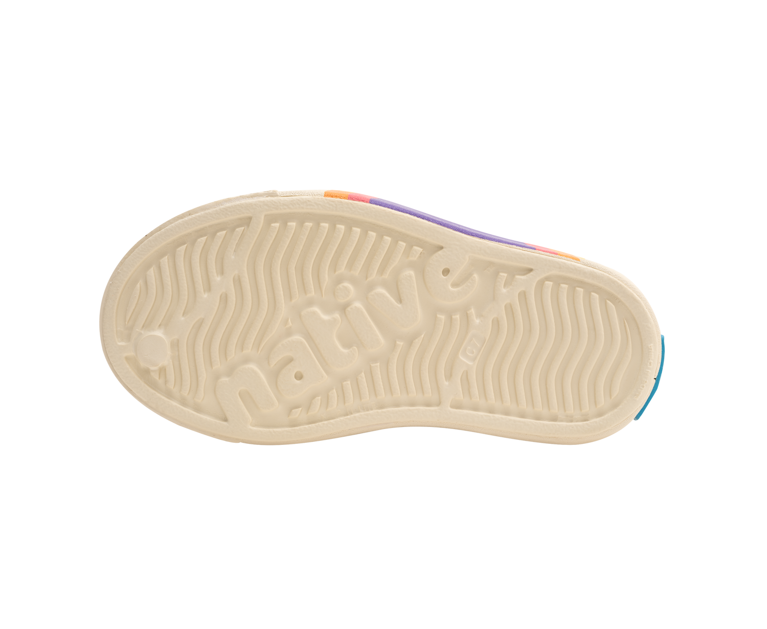 Bottom view of a Native Shoes Kids Jefferson Block Kids | Bone White / Bone White / Apricot Dazzle Ultra Circle Footwear in Bone White / Bone White / Apricot Dazzle Ultra Circle