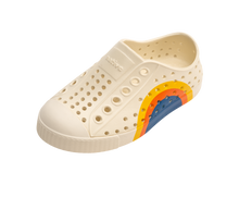 Angled view of a Native Shoes Kids Jefferson Block Kids | Bone White / Bone White / Spicy Laflame Vallarta Circle Footwear in Bone White / Bone White / Spicy Laflame Vallarta Circle