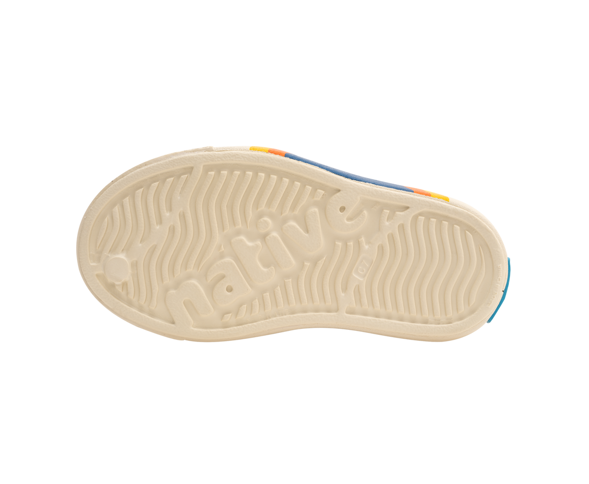 Bottom view of a Native Shoes Kids Jefferson Block Kids | Bone White / Bone White / Spicy Laflame Vallarta Circle Footwear in Bone White / Bone White / Spicy Laflame Vallarta Circle