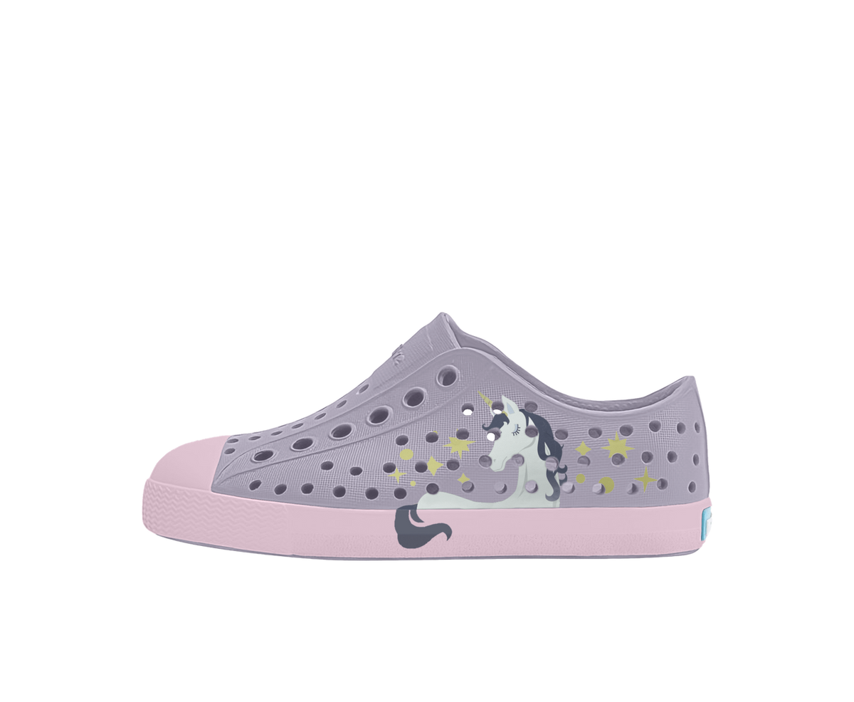 Side view of a Native Shoes Kids Jefferson Block Kids Footwear in Future Purple / Barely Pink / Unicorn Block