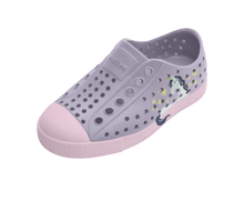 Angled view of a Native Shoes Kids Jefferson Block Kids | Future Purple / Barely Pink / Unicorn Block Footwear in Future Purple / Barely Pink / Unicorn Block