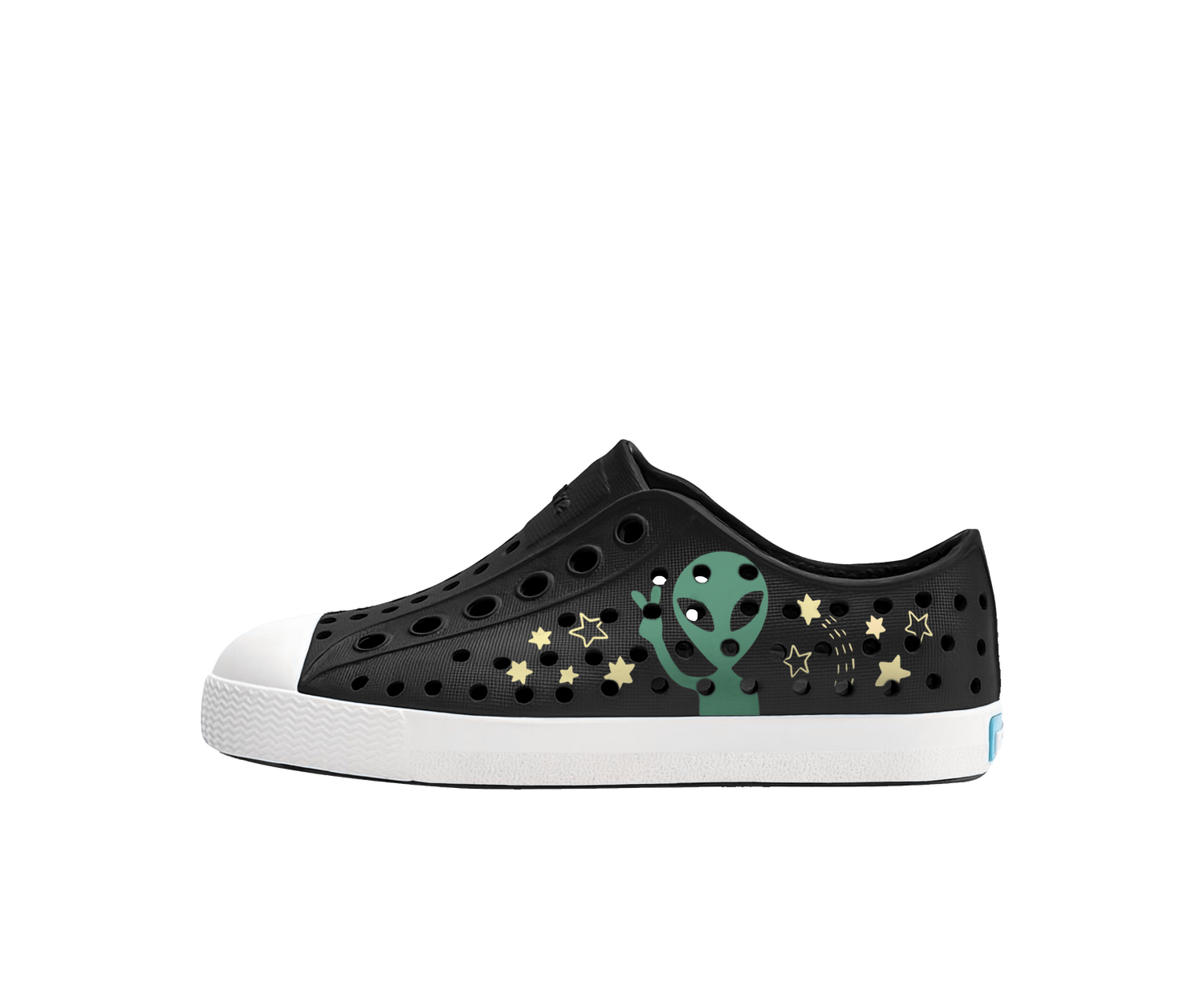 Side view of a Native Shoes Kids Jefferson Block Kids Footwear in Jiffy Black / Shell White / Peace Alien Block