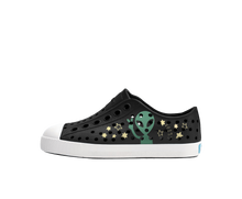 Side view of a Native Shoes Kids Jefferson Block Kids Footwear in Jiffy Black / Shell White / Peace Alien Block