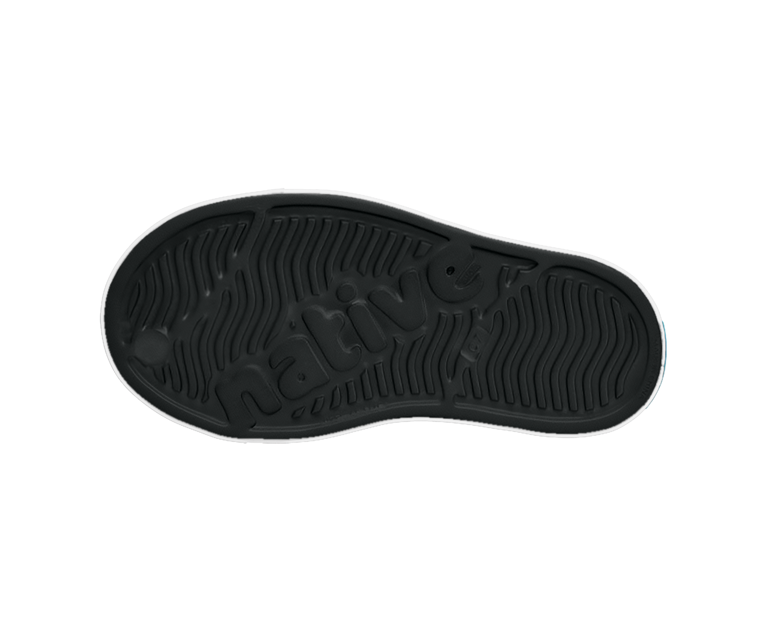 Bottom view of a Native Shoes Kids Jefferson Block Kids | Jiffy Black / Shell White / Peace Alien Block Footwear in Jiffy Black / Shell White / Peace Alien Block
