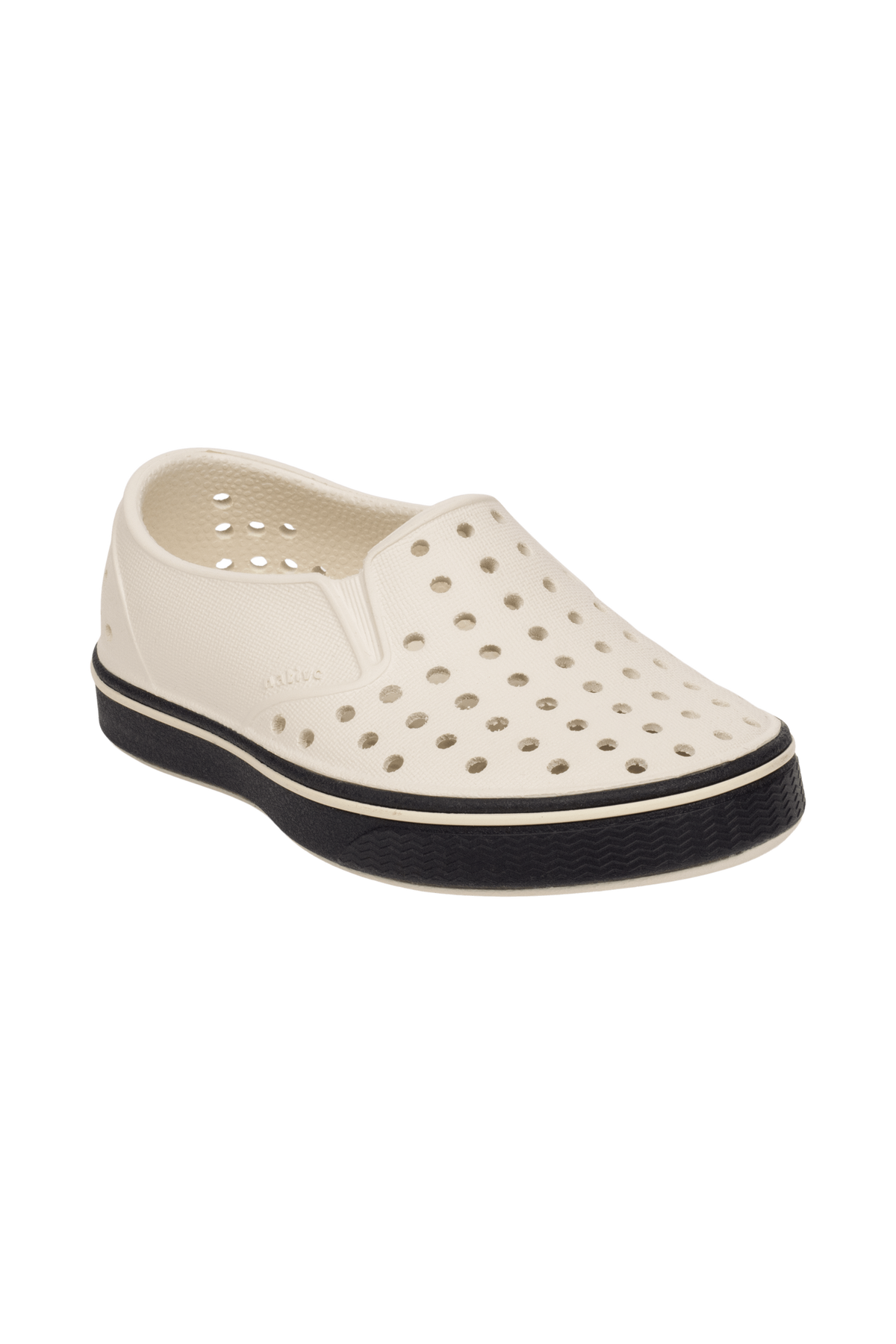 Bottom view of a Native Shoes Kids Miles Kids | Bnwht/Jfyblk Footwear in Bnwht/Jfyblk