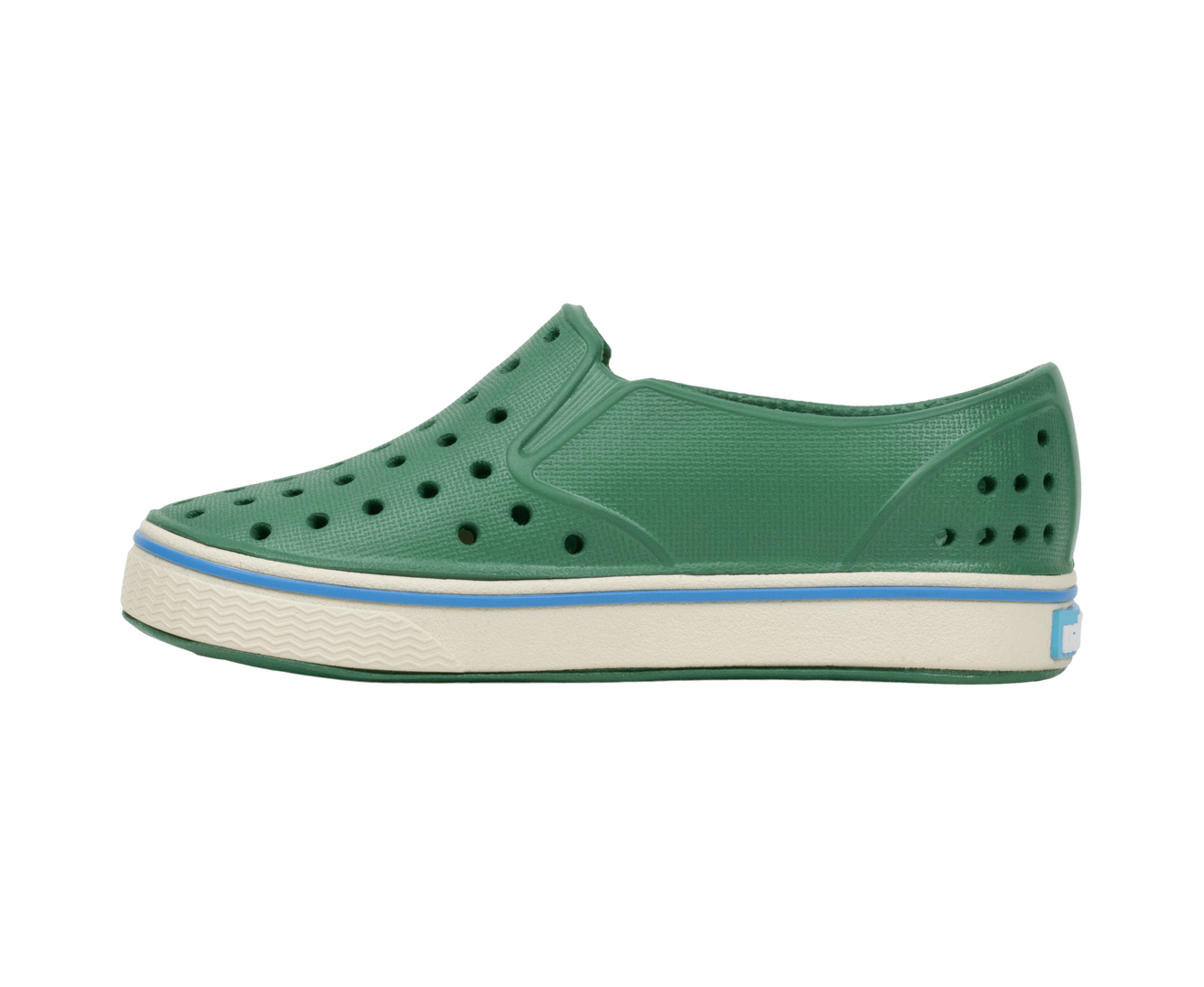 Side view of a Native Shoes Kids Miles Kids Footwear in Hntrgr/Bnwht